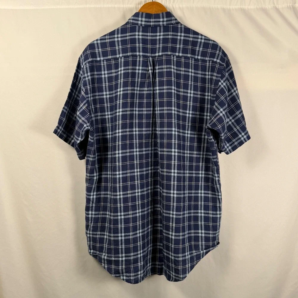 Brooks Brothers Mens‎ M Irish Linen Plaid Short Sleeve Button Down Shirt Navy